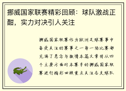 挪威国家联赛精彩回顾：球队激战正酣，实力对决引人关注