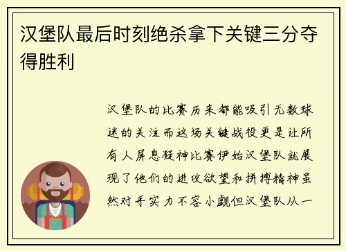 汉堡队最后时刻绝杀拿下关键三分夺得胜利