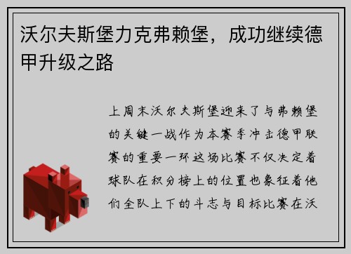 沃尔夫斯堡力克弗赖堡，成功继续德甲升级之路